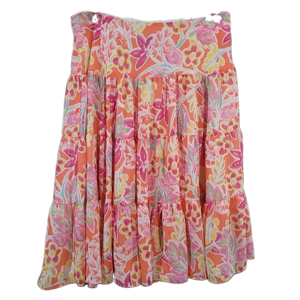 Chaps Tiered Floral A-Line Skirt Size Large Orange Colorful Knee-Length Lined
